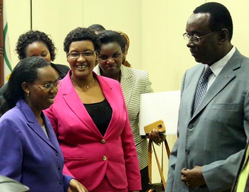 Ombudsman Aloysie Cyanzayire (L), Speaker Donatille Mukabalisa (C) and Senate president Bernard Makuza (R) leave the Plenary Chamber after the presentation of the report yesterday.(John Mbanda)