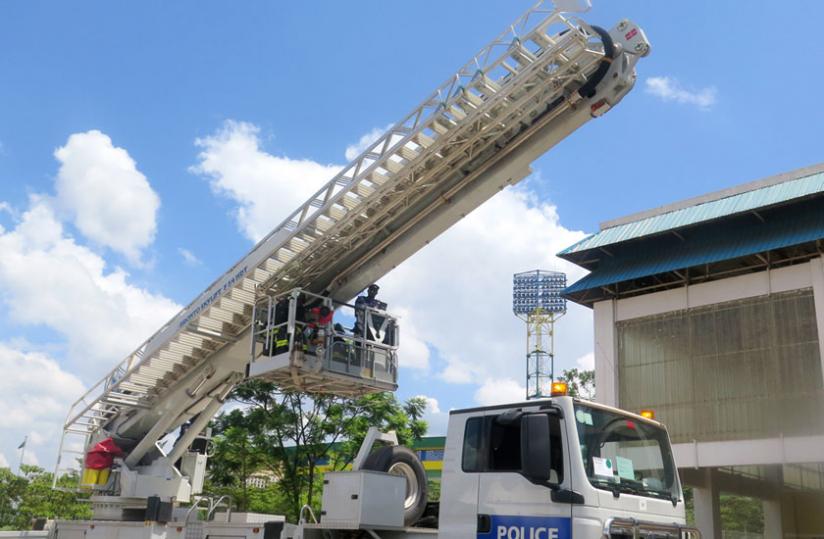 The new Police Fire Brigade firefighter truck that is equipped with a skyscraper ladder is unveilled to public at the launch of the Disaster Reduction Week in Kigali yesterday.(Thu00c3u00a9ogu00c3u00a8ne Nsengimana)
