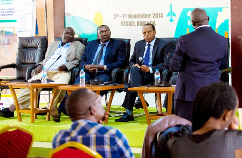From left to right, panelists at the forum; Chief Executive of Upland Rice Uganda Phillip Idro, Trade and Industry minister Francois Kanimba, and RDB chief executive Francis Gatare. (Timothy Kisambira)