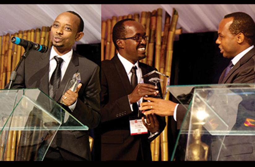 Mugabo (L) gives his acceptance speech, while right, Uwajeneza receives his award. (Timothy Kisambira)