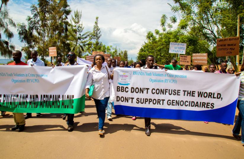Student protesters during a match in Kicukiro yesterday. (Timothy Kisambira)