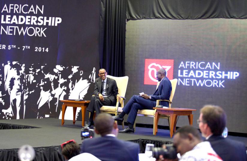President Kagame and moderator Acha Leke during African Leadership Network interactive discussion in Kigali yesterday. (Village Urugwiro)