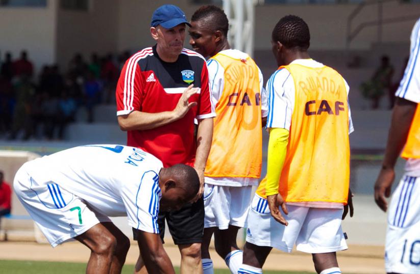 Constantine talking to his player during a training session. The Englishman has said lack of international matches has hindered his plans. (File photo)