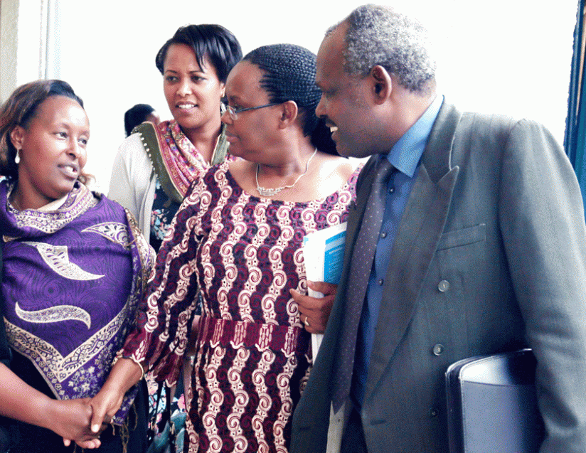 L-R; MPs Francesca Tengera and Espu00c3u00a9rance Nyirasafari with PSC executive secretary Angelina Muganza and Habiyakare at Parliament last week. (John Mbanda)