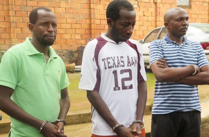 The three suspects in tax evasion case, from left Mbarushimana (RRA worker), Ntazinda (worker of Bimenyimana) and Bimenyimana (the dealer in Kigali City). (E. Ntirenganya)