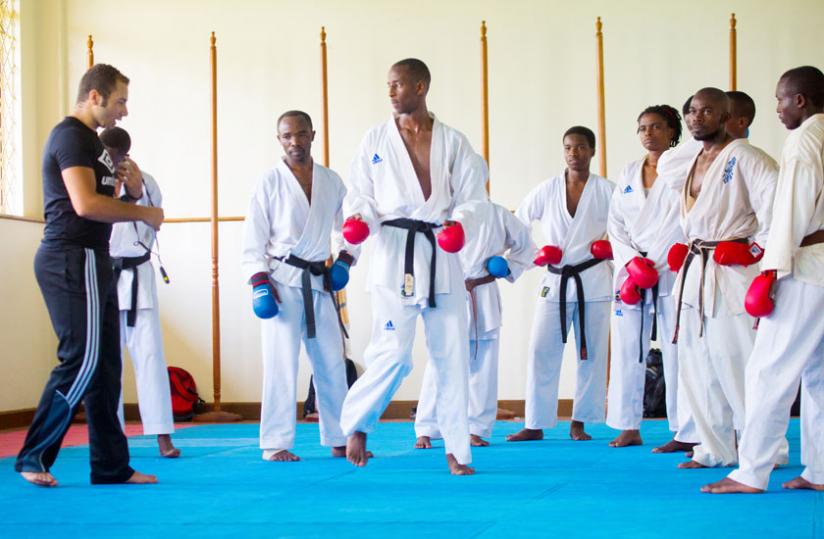 Karate players training for the world championship recently. Their poor performance has led to Rwanda dropping in the Karate rankings. (Timothy Kisambira)