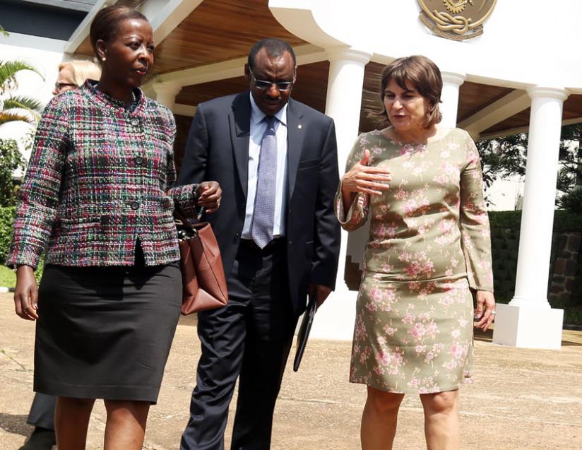 Dutch minister Ploumen (right) with ministers Mushikiwabo (left) and Gatete after the meeting with President Kagame at Village Urugwiro yesterday. (John Mbanda)