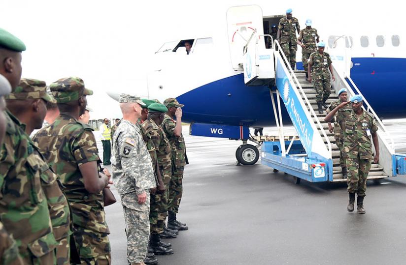 RDF soldiers returning from South Sudan in the just concluded rotation exercise. (Courtesy)