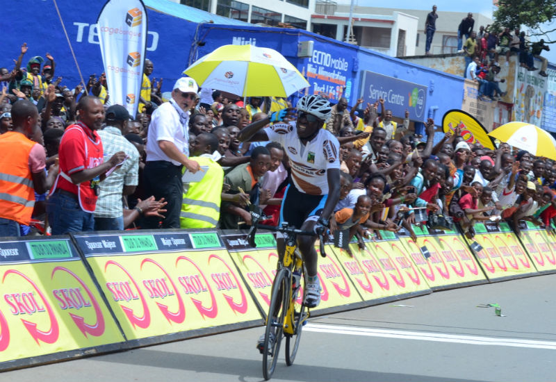 Valens Ndayisenga celebrates his victory in Musanze after winning stage two of the Tour du Rwanda. P. Kamasa