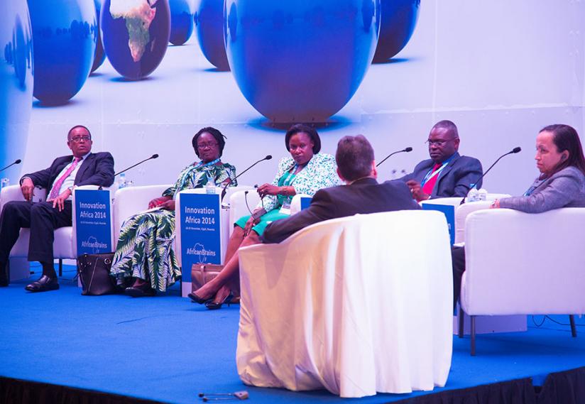 L-R: Education ministers Prof. Lwakabamba, Prof. Naana J. Opoku of  Ghana, & Jessica Alupo of Uganda; Minister of Civic Education & Youth of Republic of Congo, Anatole Makosso; & Angolan Secretary of State, Innovation in Higher Education, Maria da Silva Martins at the meeting in Kigali yesterday. The panel was moderated by HP regional VP Marketing, Jean-Pierre Le Calvez (back to camera). (T. Kisambira)