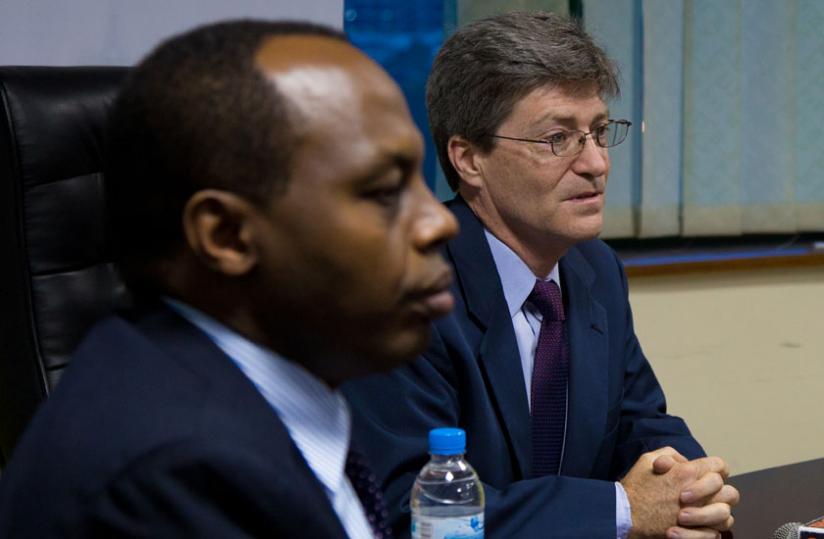 Gatare and Mulroy address journalists on Wednesday. (Timothy Kisambira)