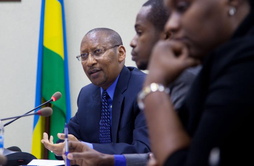 Central bank governor John Rwangombwa speaks at the media briefing in Kigali yesterday. (Doreen Umutesi)