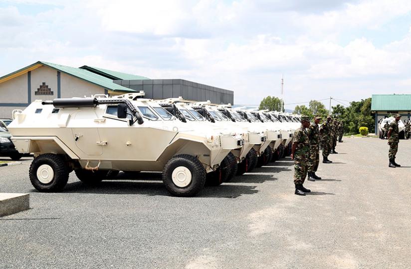 Some of the armoured vehicles displayed for EASF inspection at Kami Barracks last month. (John Mbanda)