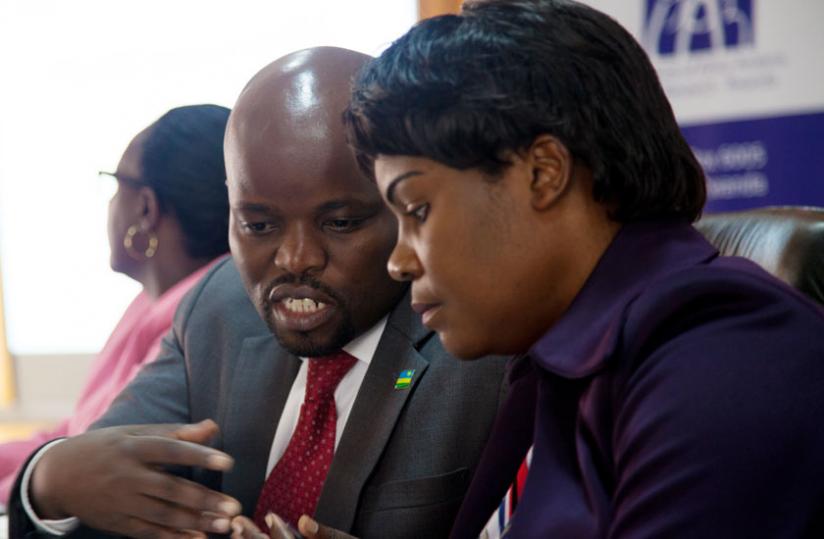 Ministers Nsengimana and Uwizeye at the meeting in Kigali yesterday. (Doreen Umutesi)