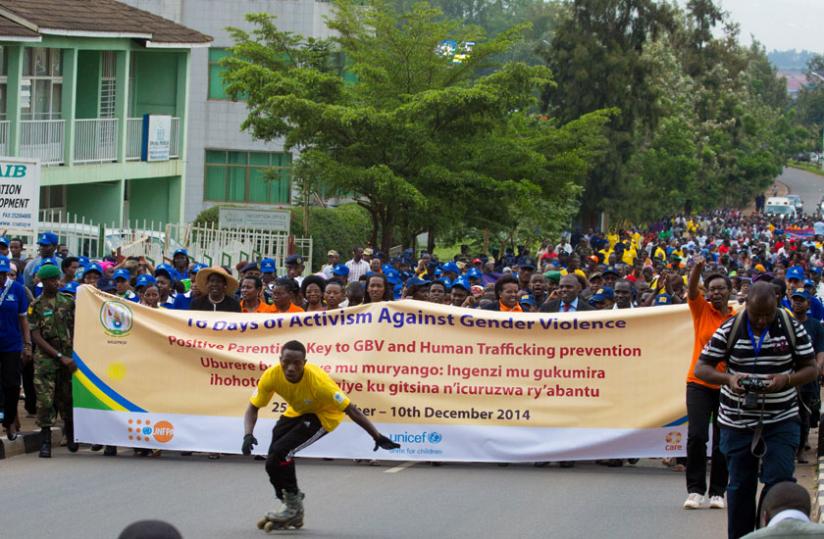 Thousands took part in an anti-GBV march that started from RDB offices to Petit Stade in Gasabo, Kigali yesterday.  (Timothy Kisambira)