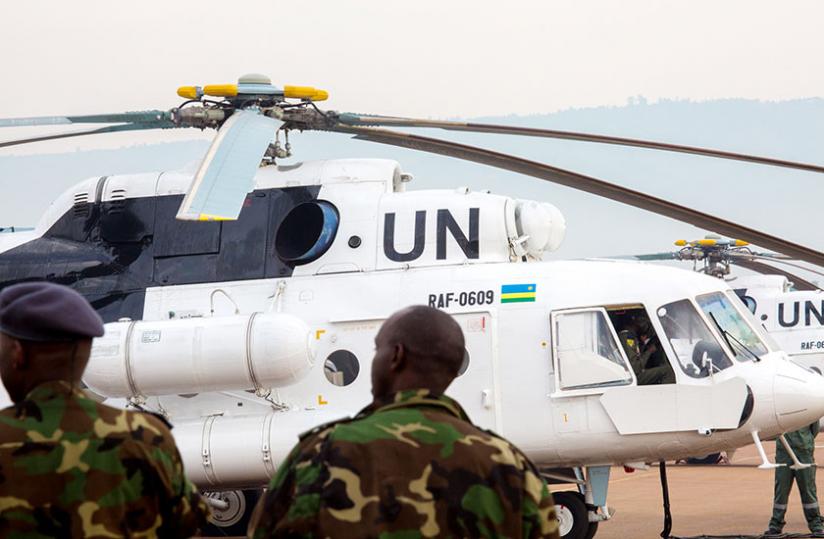 One of the choppers gets ready to take off at Kigali International Airport yesterday. (Timothy Kisambira)