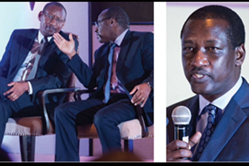 Amb Gatete chats with Rwangombwa (left) during BKu00e2u20acu2122s clientsu00e2u20acu2122 day, Gatera (right) addresses customers at the event. (Timothy Kisambira)