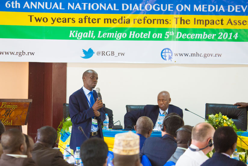 Muvunyi the head of Rwanda Media Commission speaks during the media dialogue yesterday.(Timothy Kisambira)