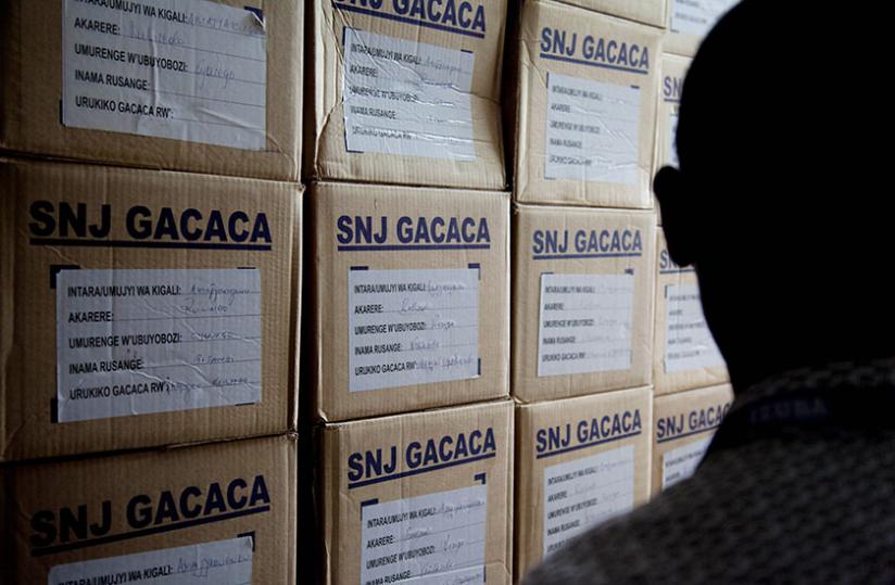 Boxes containing documents of Gacaca cases at Rwanda National Police headquarters in Kacyiru.(Timothy Kisambira)