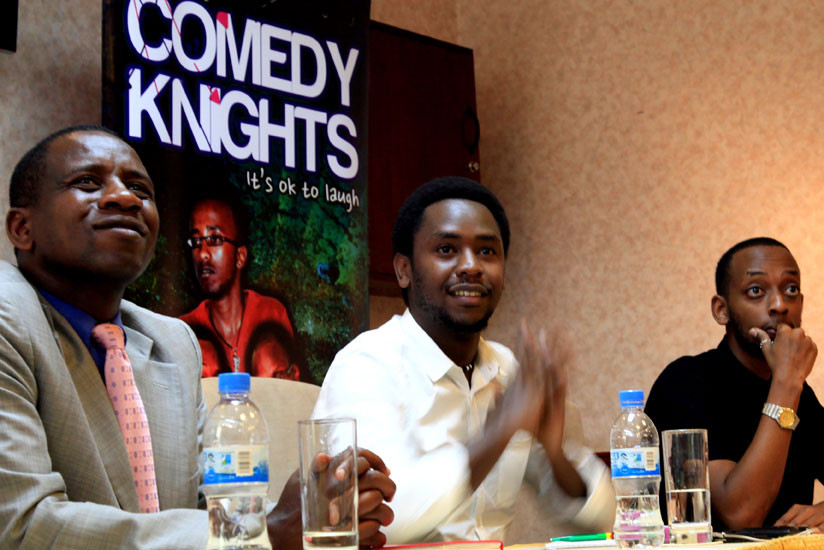 The General Manager of Nation Holdings Rwanda Phillip Velese (L), together with Comedy Knightsu00e2u20acu2122 Jerome Uwonkunda Ndamage and Michael Senganzi in a press conference. (Tracy Bucyana)