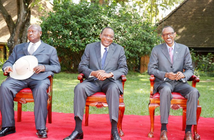 From L-R; Presidents Yoweri Museveni of Uganda, Uhuru Kenyatta of Kenya and Paul Kagame after the 8th Northern Corridor Integration Projects Summit in Nairobi, Kenya, yesterday. (Village Urugwiro)