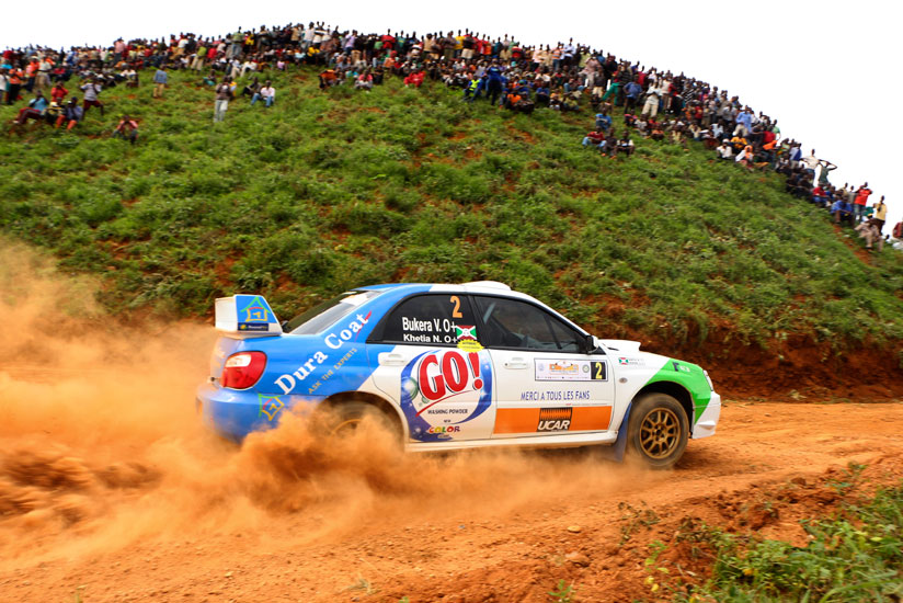 Valerie Bukera makes a turn during the super stage yesterday. The Burundian holds a 13 point lead. (Photo/Unity Rally team.)