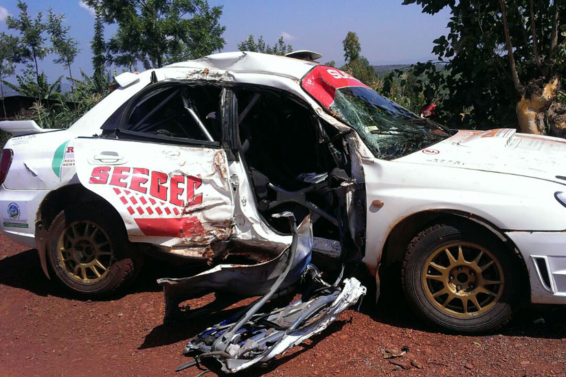 Claude Kwizera's Subaru Impreza N12 after the crash this morning. (Courtesy)