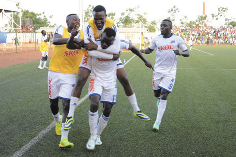 Peter Otema celebrates with his team mates after equalizing for Rayon Sports in the 2-1 loss to AS Kigali on Sunday. (Courtesy)