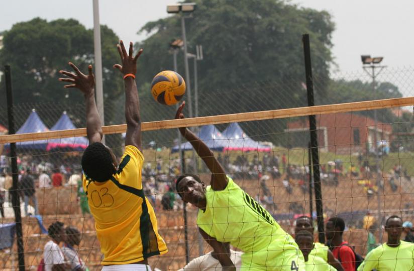 Aimable Nkuranga (yellow) inspired UR to a 2-0 win over ARDHI University in the regional Inter-Universities games taking place in Uganda.