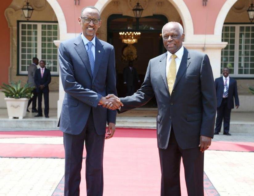 Presidents Kagame and dos Santos pose after holding talks at the Presidential Palace in Luanda, Angola yesterday. (Courtesy)