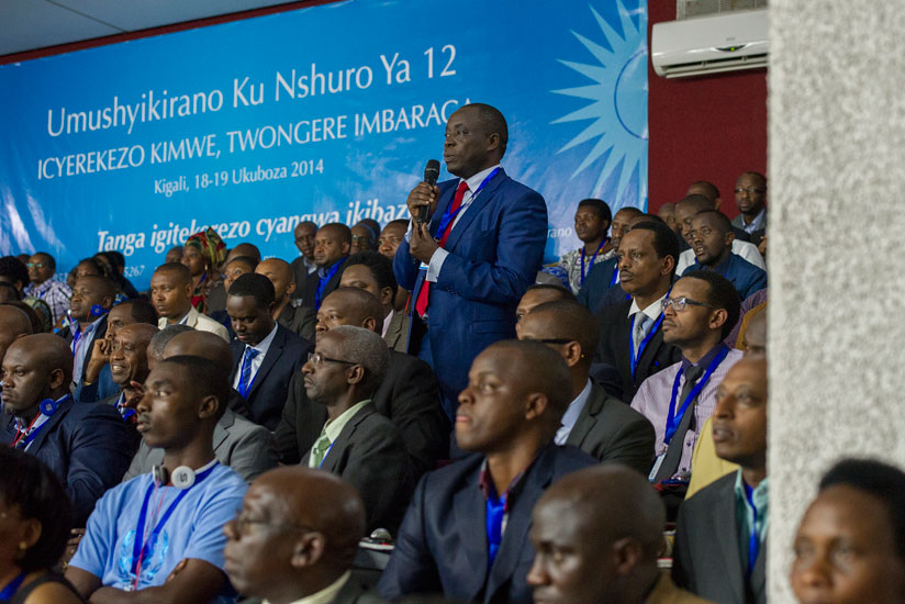 A participant speaks at the 12th Umushyikirano at Parliament yesterday. (File)