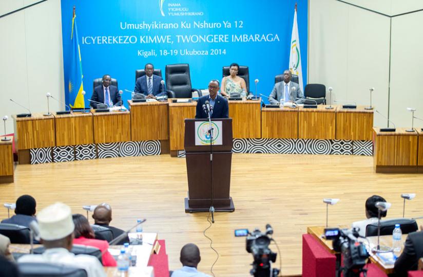 President Kagame delivers remarks at the 2014 Umushyikirano in Kigali yesterday. (Village Urugwiro)