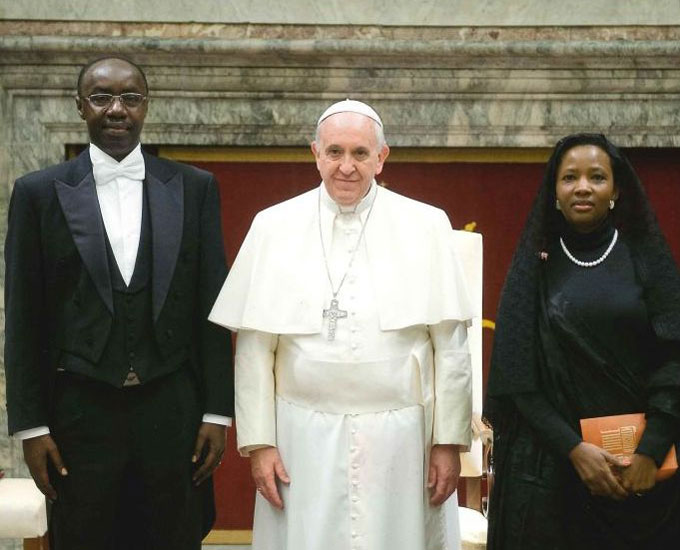 Ambassador Ngarambe accompanied by his wife after presenting his credentials to Pope Francis at the Vatican. (Courtesy)