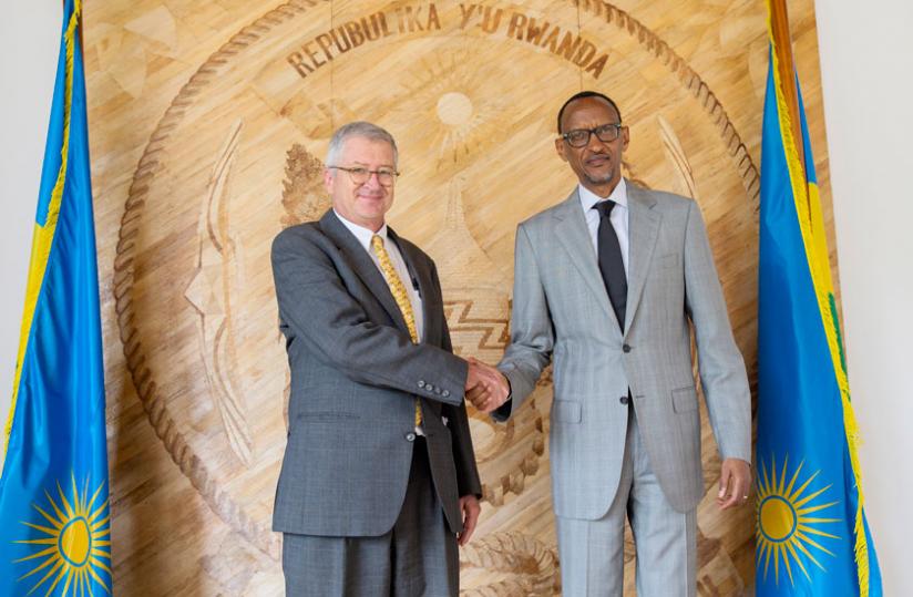 Outgoing US Ambassador to Rwanda Donald W. Koran bids farewell to President Kagame at Village Urugwiro in Kigali yesterday.(Village Urugwiro)