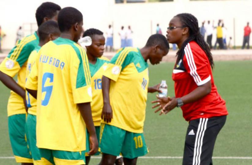 She-Amavubi Coach Grace Nyinawumuntu giving instructions to the national side during a match early this year. (File)