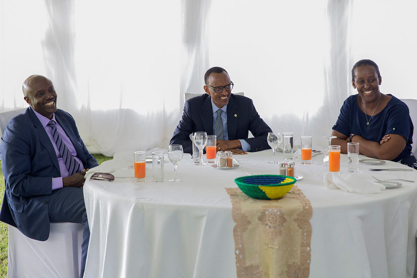 President Kagame and First Lady Jeannette Kagame, together with the Dean of Ambassadors accredited to Rwanda, Uganda's Richard Kabonero, at the luncheon at Village Urugwiro in Kigali yesterday.rn