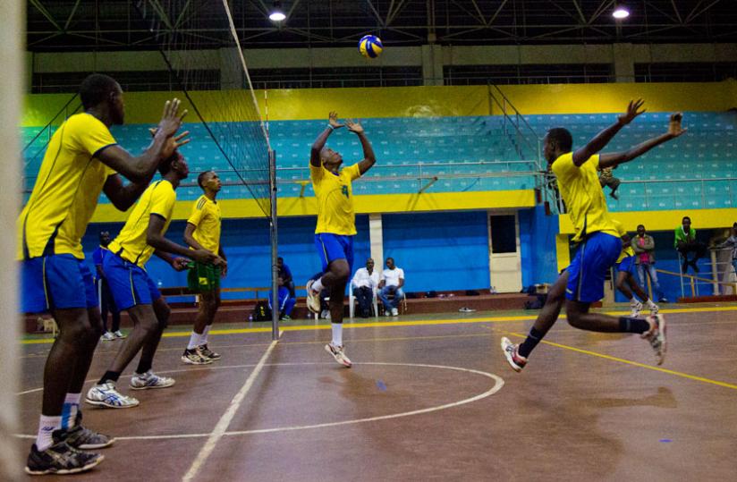 The National Volleyball team training recently at Amahoro indoor stadium. the team is due to start training next month for the Zone 5 tournament slated for May. (File)