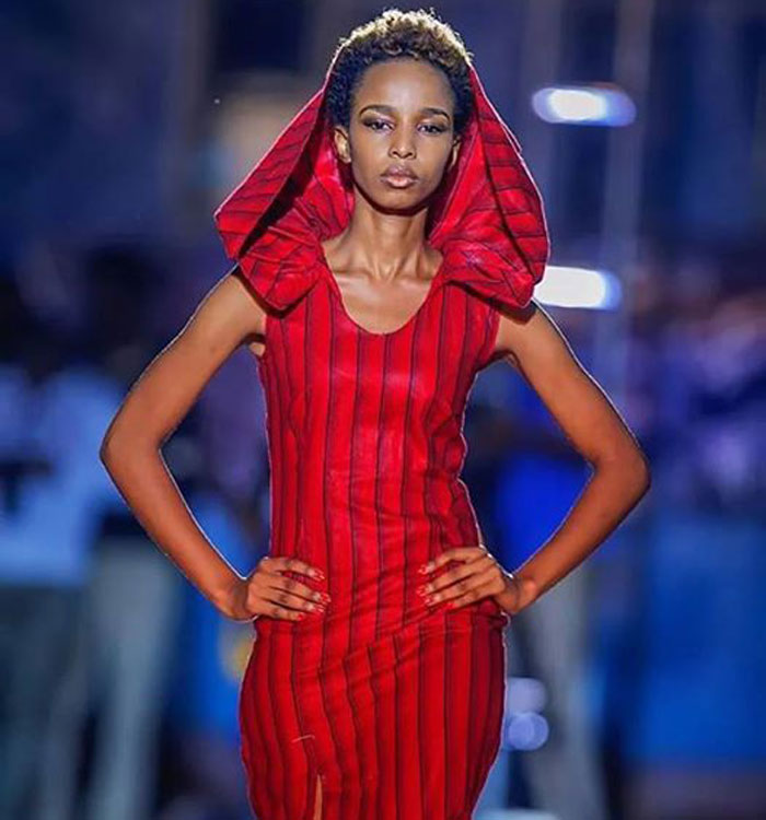 A model showcases some of the local designs at the Rwanda Cultural Fashion Show 2014.