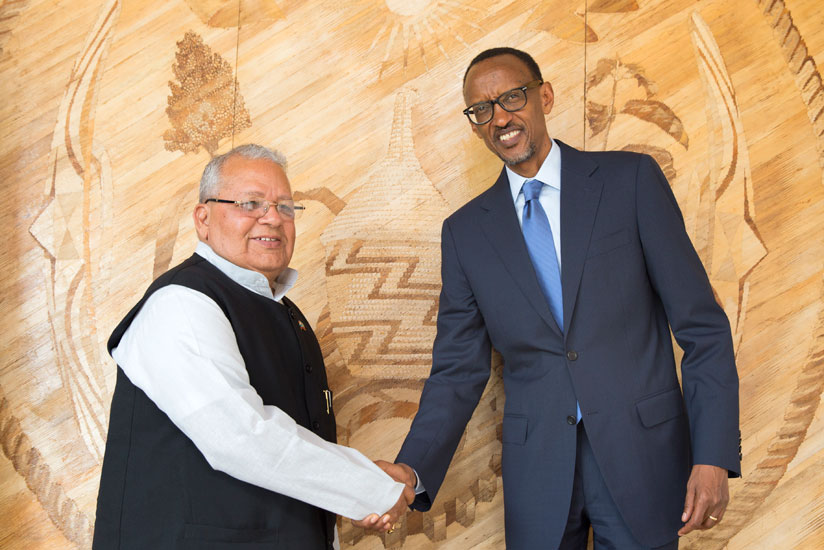 President Paul Kagame together with India's Minister for Small and Medium Enterprises, Kalraj Mshra yesterday. (Village Urugwiro)