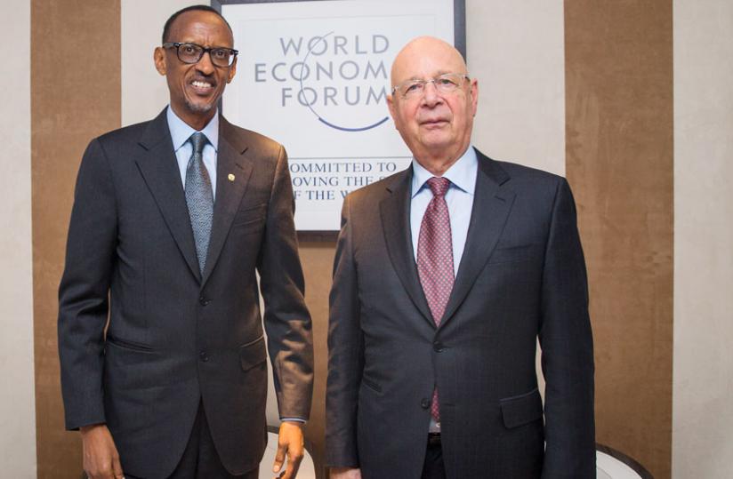 President Kagame with Professor Klaus Schwab, founder and executive chairman of World Economic Forum, in Davos Switzerland yesterday. (Village Urugwiro)