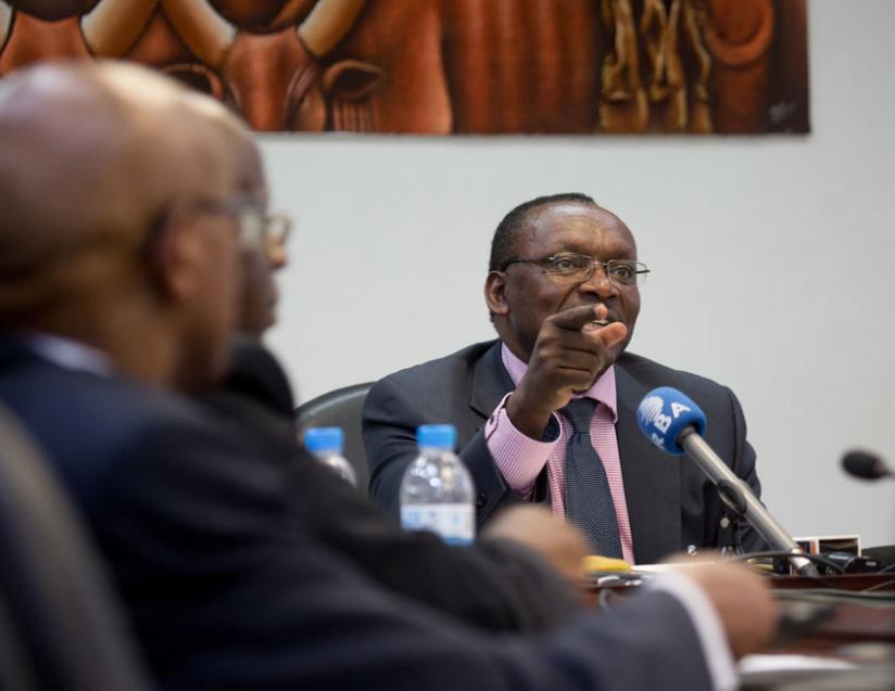 Minister of Trade and Industry Francois Kanimba, addressing journalists in Kigali on Tuesday. (T. Kisambira)