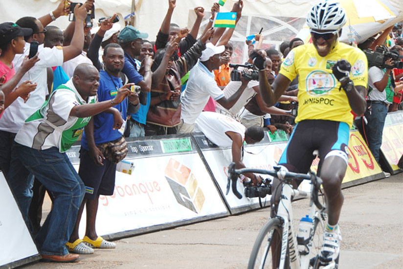 Valens Ndayisenga celebrates as he crosses the finish line to win the 2014 Tour du Rwanda. (File)