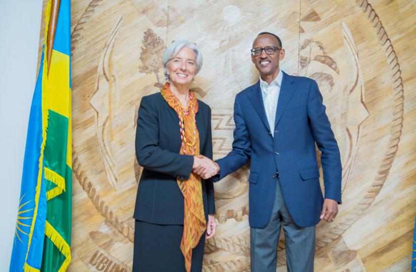 President Paul Kagame with IMF Managing Director Christine Lagarde at Village Urugwiro last evening. The IMF chief paid a courtesy call on the President shortly after delivering a public lecture at Parliament. (Village Urugwiro)