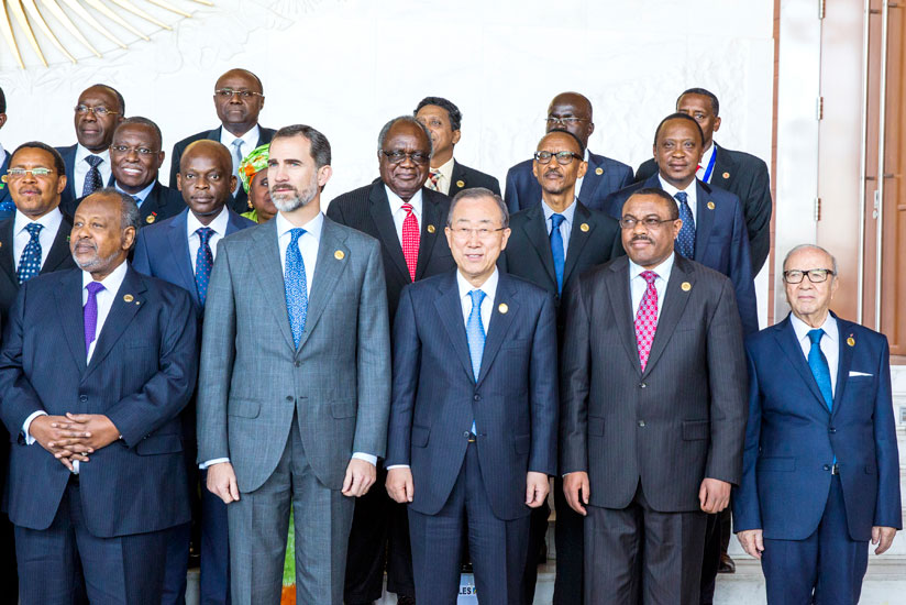 President Kagame (in second row, second from right) in a group photo with African leaders and other invited guests at the AU Summit in Addis Ababa yesterday. (Village Urugwiro)