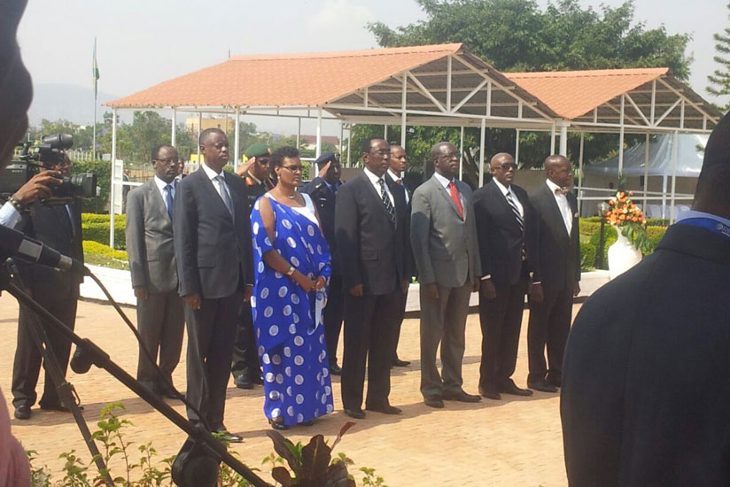 Senate President, Bernard Makuza, leads government officials and members of the diplomatic community in laying wreaths at the Heroes Mausoleum in Remera, Kigali.