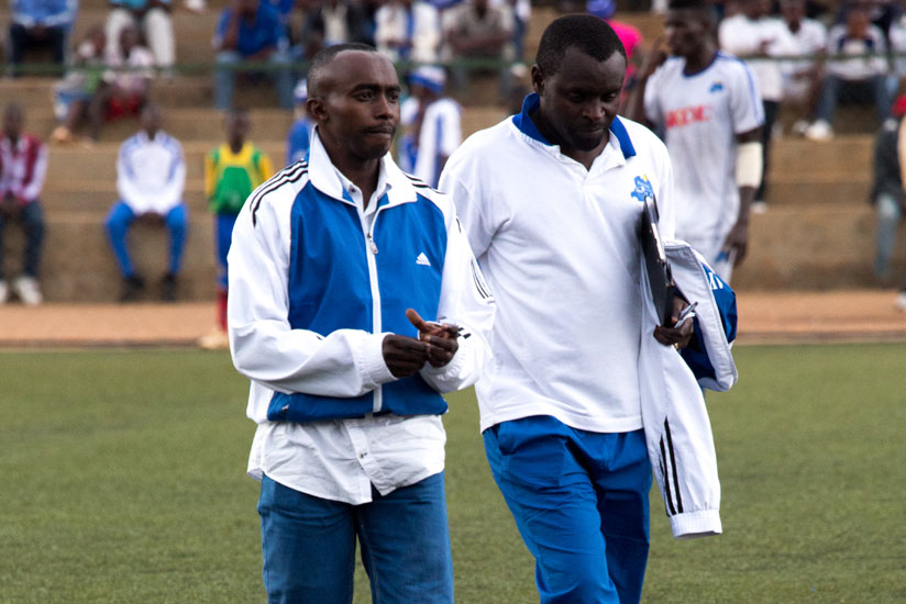 Sosthene Habimana (R) will work alongside Thierry Hitimana (L) as Rayon Sports interim coach. (T. Kisambira)