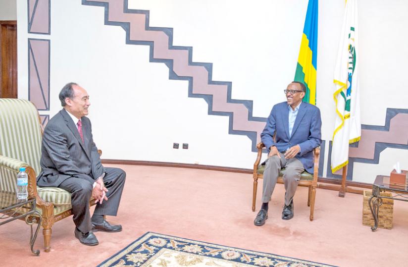 ITU chief Zhao Houlin and President Kagame meet at Village Urugwiro in Kigali yesterday. (Village Urugwiro)