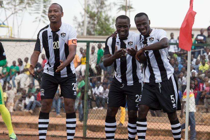 APR players celebarate after scoring against Rayon Sports  in the semi-final of Prudence Cup on Saturday at Kigali regional stadium. (Timothy Kisambira)