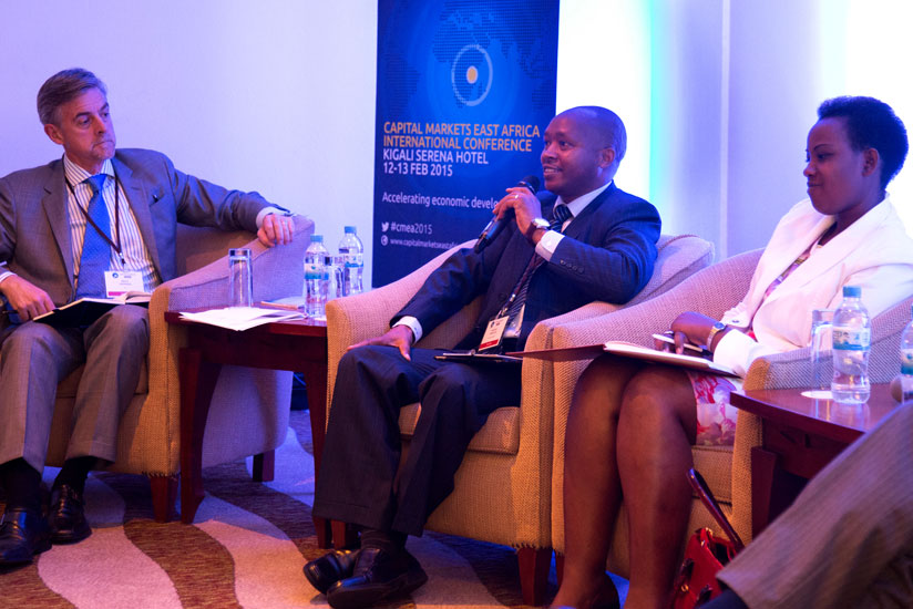 From L-R; Britt Gwinner, the moderator, KCB Rwanda managing director Maurice Torotich, and Esther Mutamba, of Rwanda Housing Authority, during a panel discussion at the international conference on capital markets in Kigali yesterday.  (Timothy Kisambira)