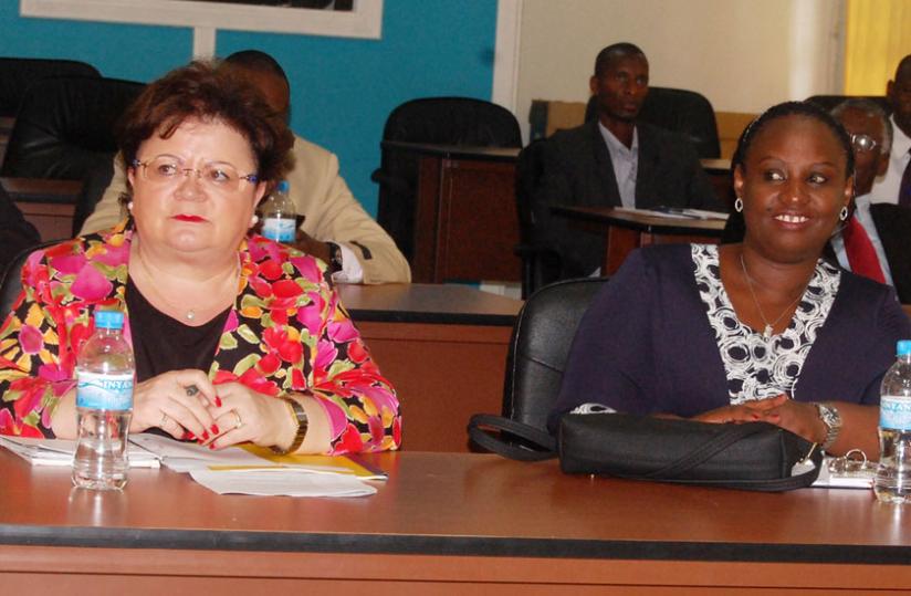 Anita Schafer, the leader of the visiting German legislators, together with Dr Usta Kaitesi, principal of the University of Rwanda's College of Arts and Social Sciences, in Huye District yesterday. Courtesy.
